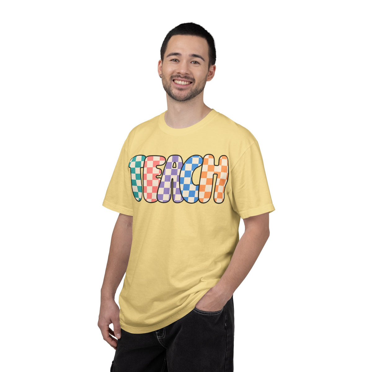 Teach Bubble Letters Checkerboard T-Shirt | Colorful Retro School Tee