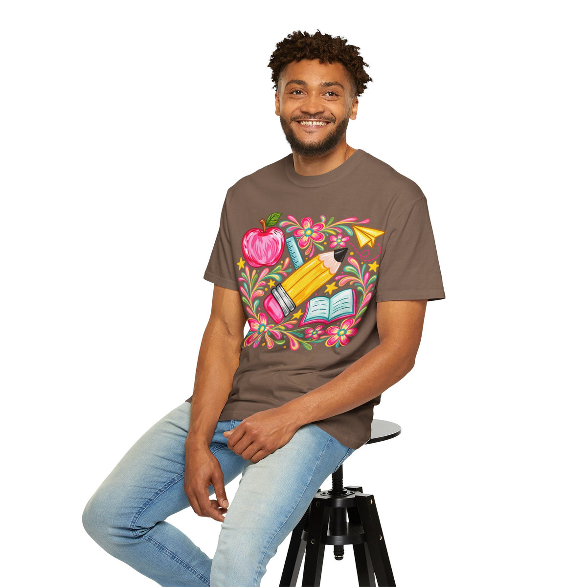 School Supplies Pencil Apple Floral T-shirt | Teacher Student Back to School