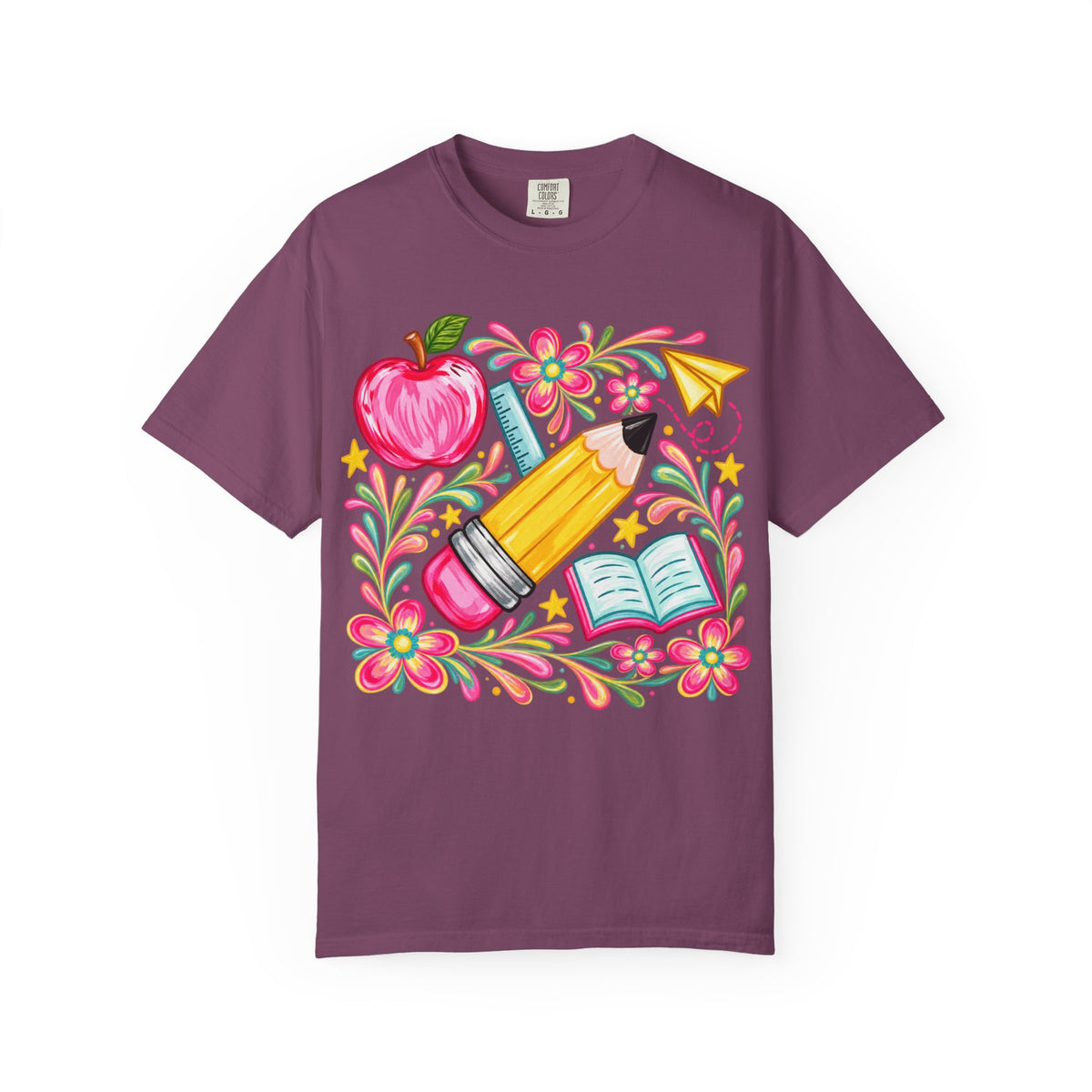 School Supplies Pencil Apple Floral T-shirt | Teacher Student Back to School