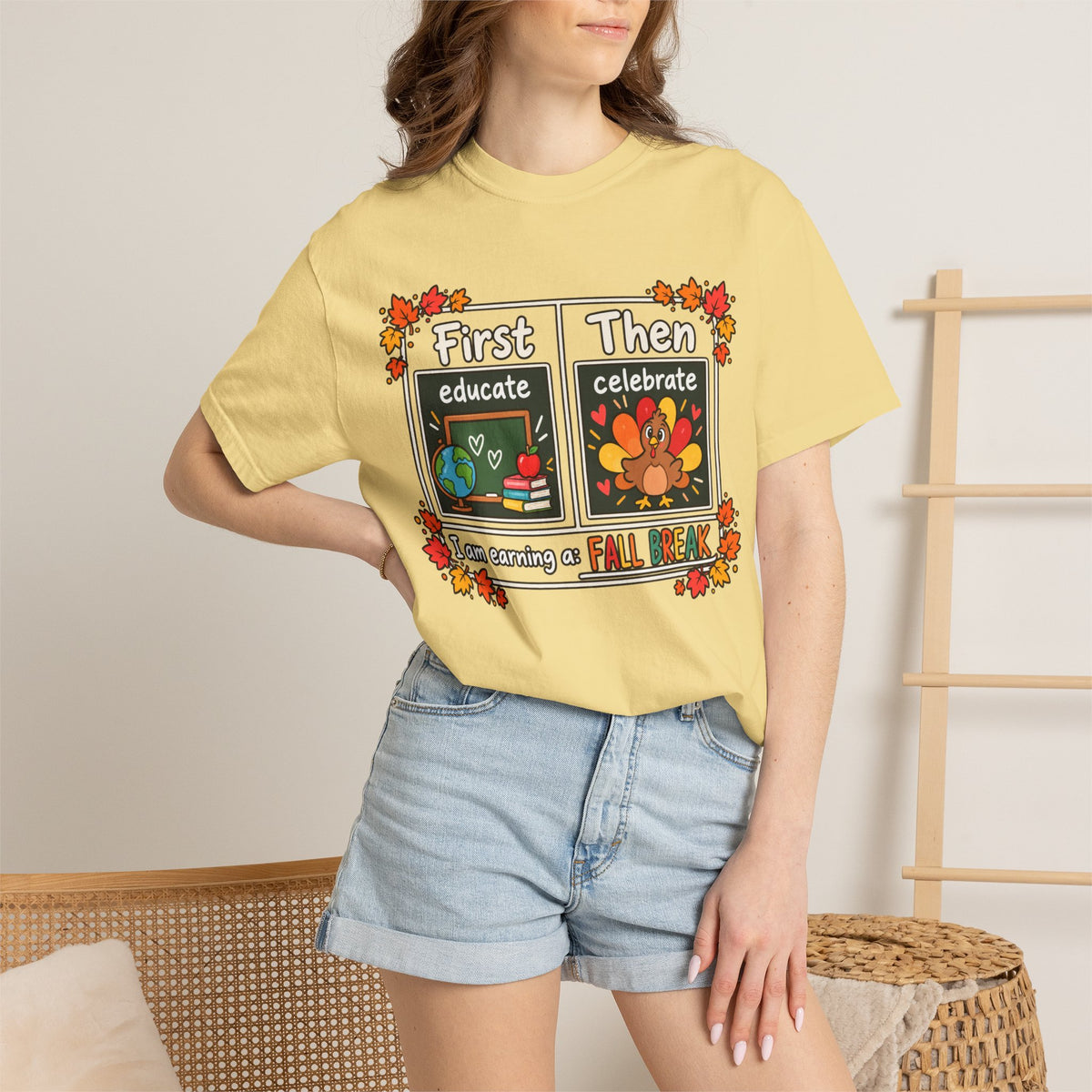 First Educate Then Celebrate fall break T-shirt | Teacher Autumn Design