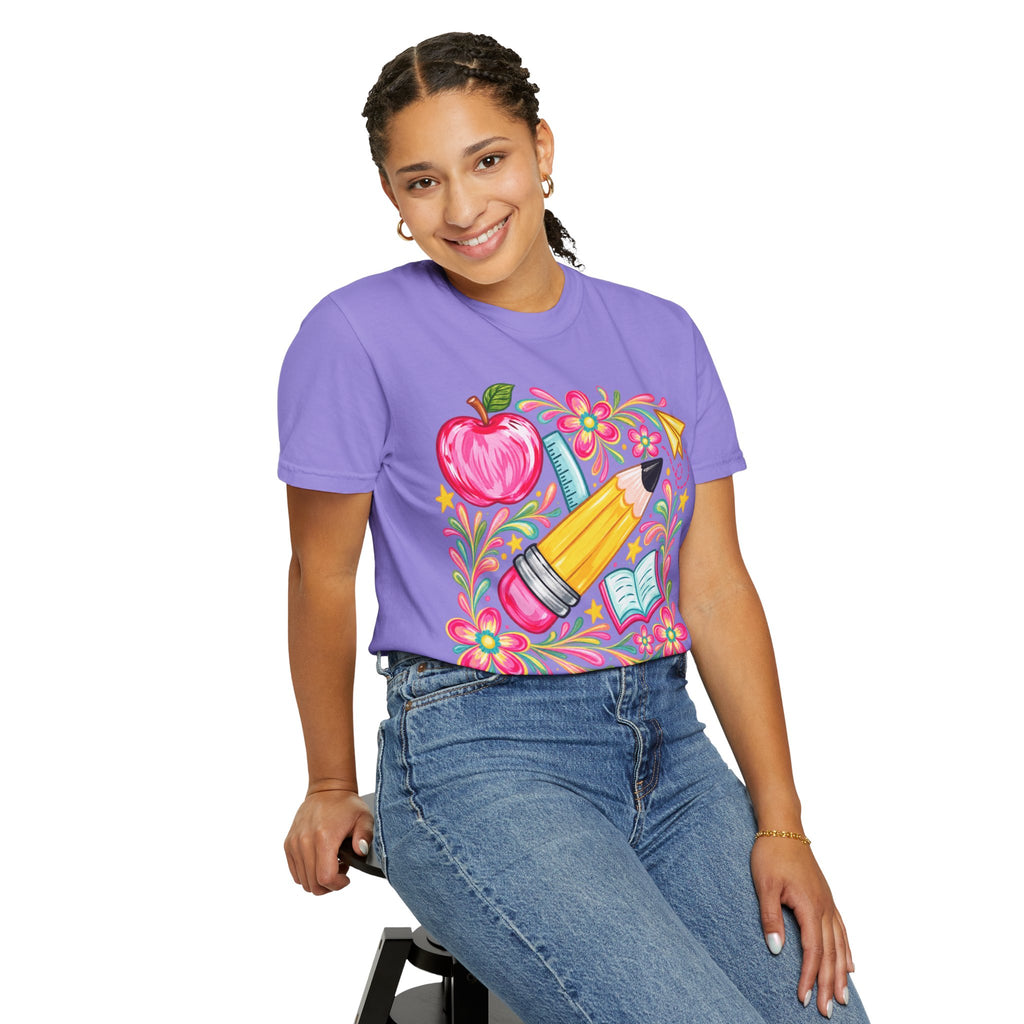 School Supplies Pencil Apple Floral T-shirt | Teacher Student Back to School