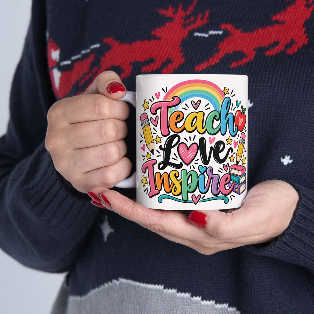 Teacher Love Inspire Mug | Cute Rainbow Pencil Apple Books Design