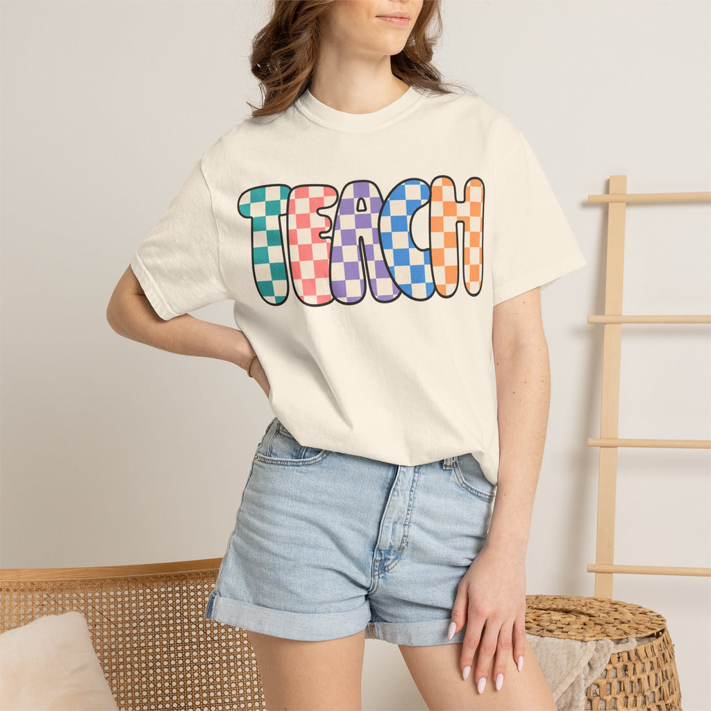 Teach Bubble Letters Checkerboard T-Shirt | Colorful Retro School Tee