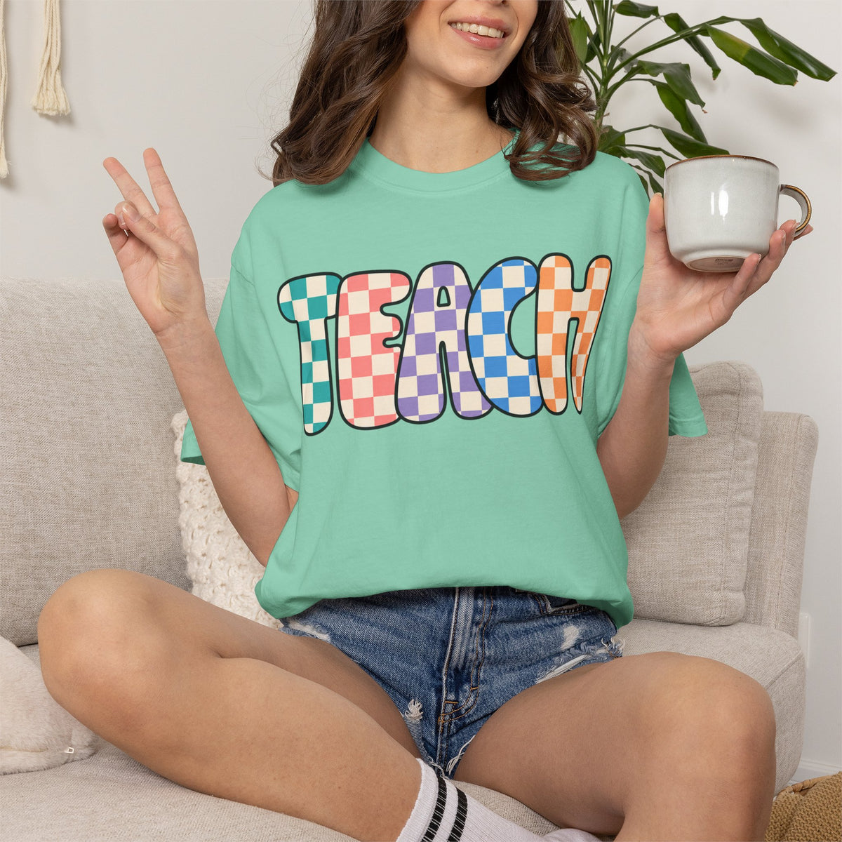 Teach Bubble Letters Checkerboard T-Shirt | Colorful Retro School Tee
