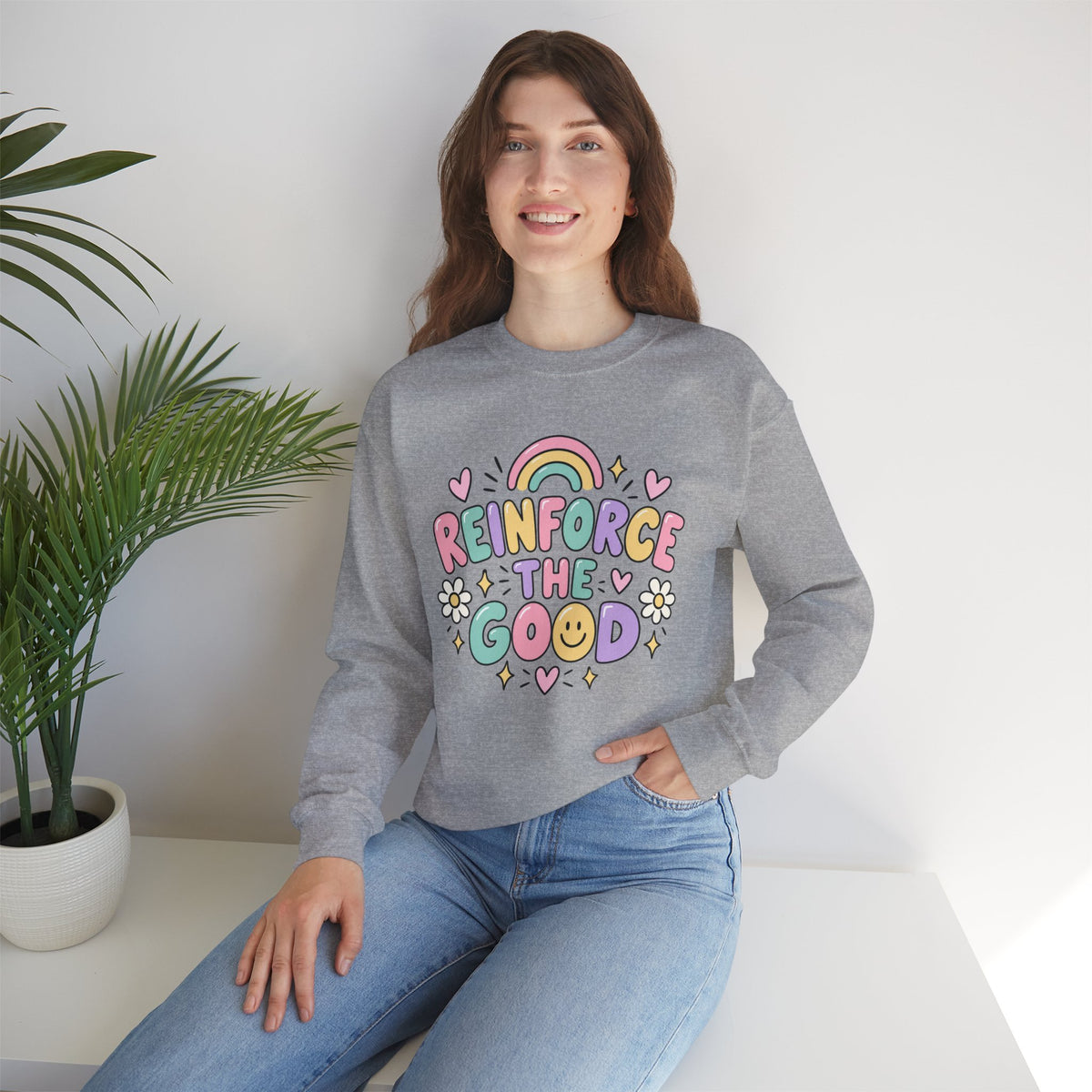 Reinforce the Good Crewneck | Rainbow Heart Daisy Positive Message Sweatshirt