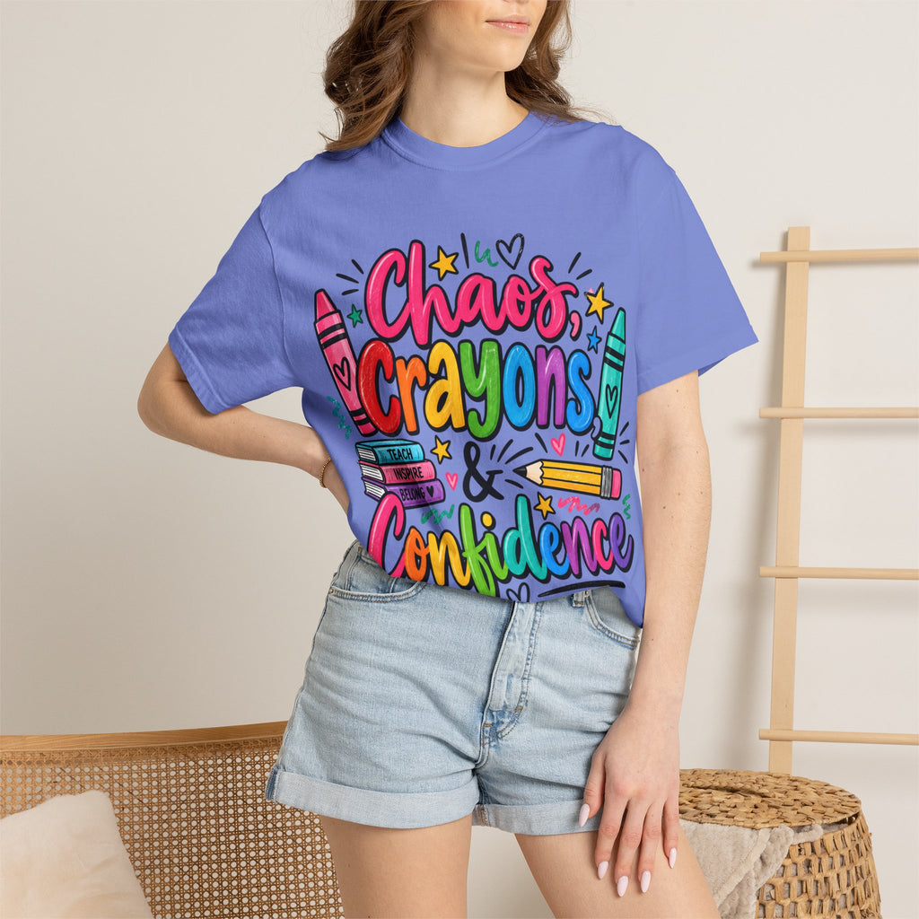 Chaos Crayons & Confidence T-shirt | Colorful Crayon School Art Tee