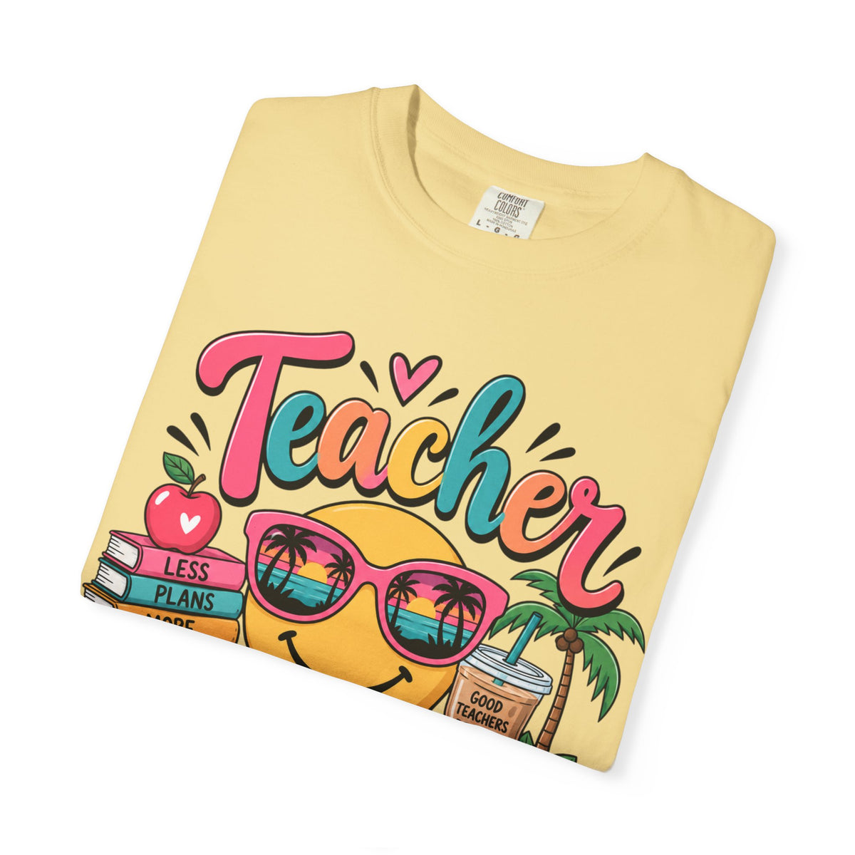 Teacher Off Duty T-shirt | Smiley Sunglasses, Books, Palm Trees, Coffee