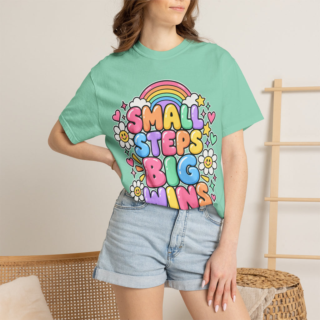 Small Steps Big Wins T-shirt | Retro Rainbow Positive Graphic