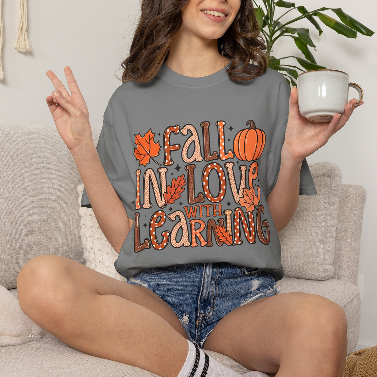 Fall in Love with Learning T-Shirt | Teacher Autumn Pumpkin Leaves