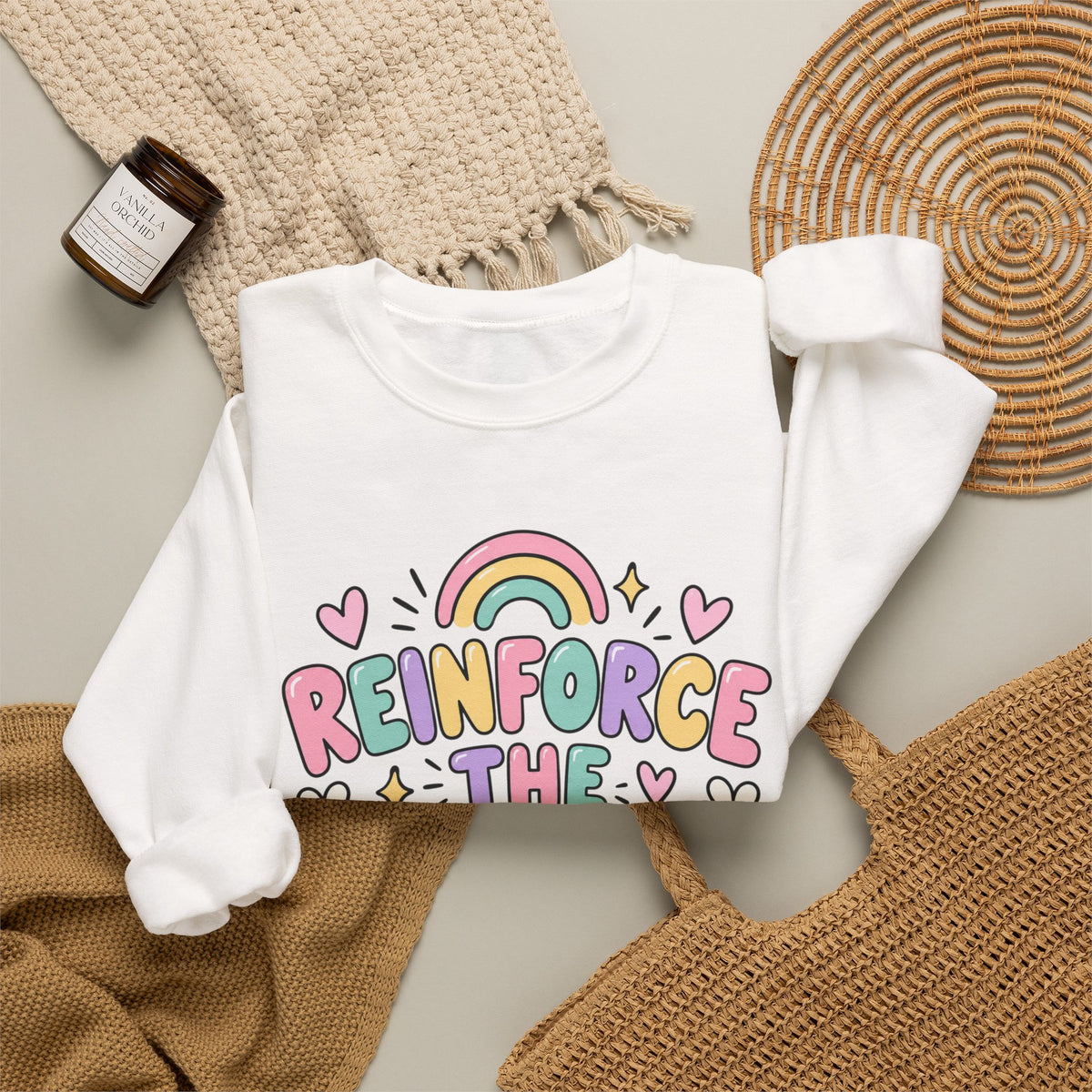 Reinforce the Good Crewneck | Rainbow Heart Daisy Positive Message Sweatshirt