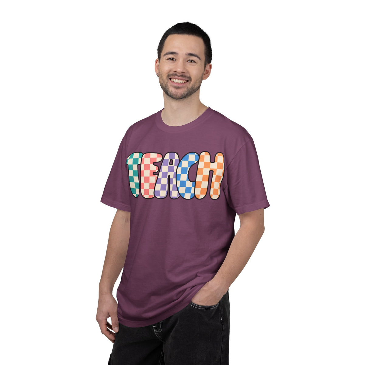 Teach Bubble Letters Checkerboard T-Shirt | Colorful Retro School Tee