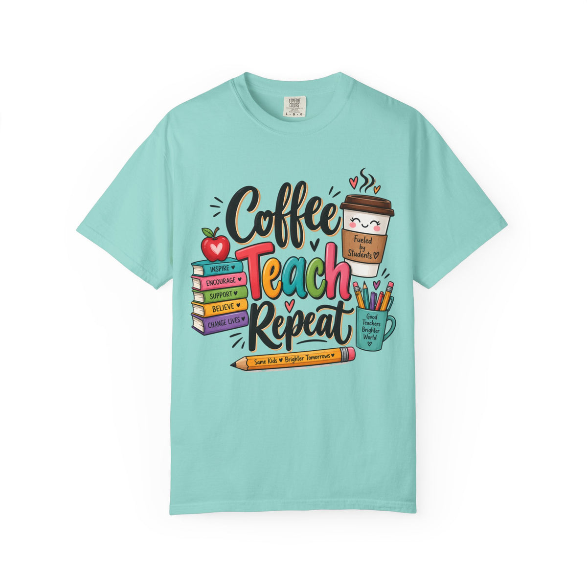 Coffee Teach Repeat T-shirt | Teacher Coffee Book Stack Pencil Mug Design