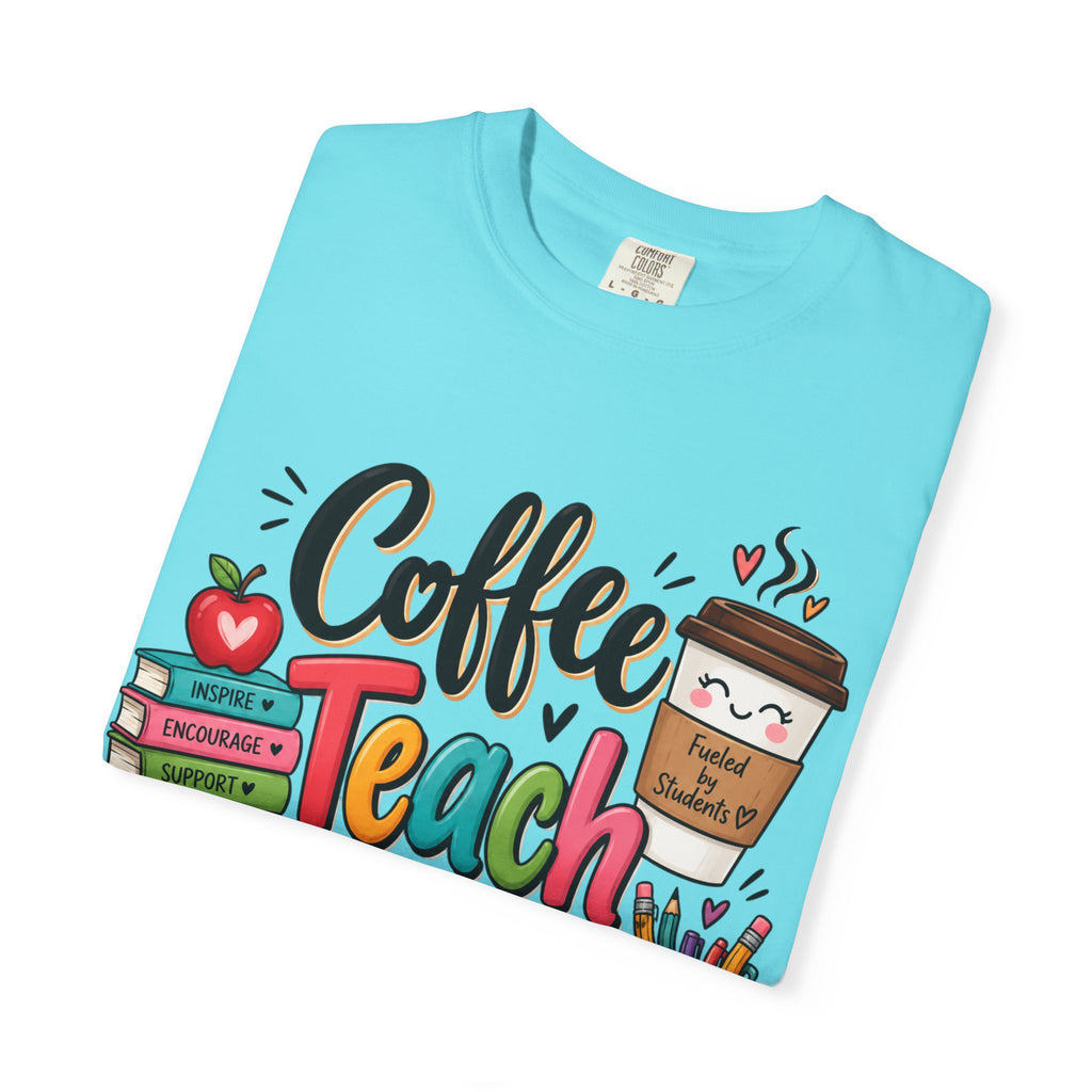 Coffee Teach Repeat T-shirt | Teacher Coffee Book Stack Pencil Mug Design