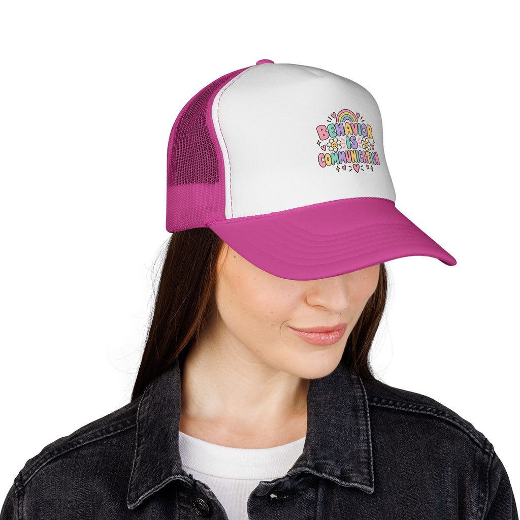 Behavior Is Communication Trucker Cap | Rainbow Floral Illustration