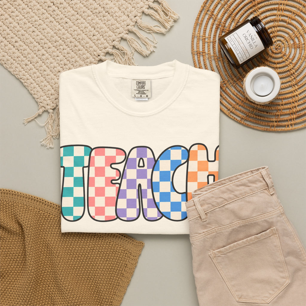 Teach Bubble Letters Checkerboard T-Shirt | Colorful Retro School Tee