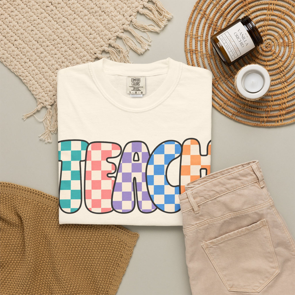 Teach Bubble Letters Checkerboard T-Shirt | Colorful Retro School Tee