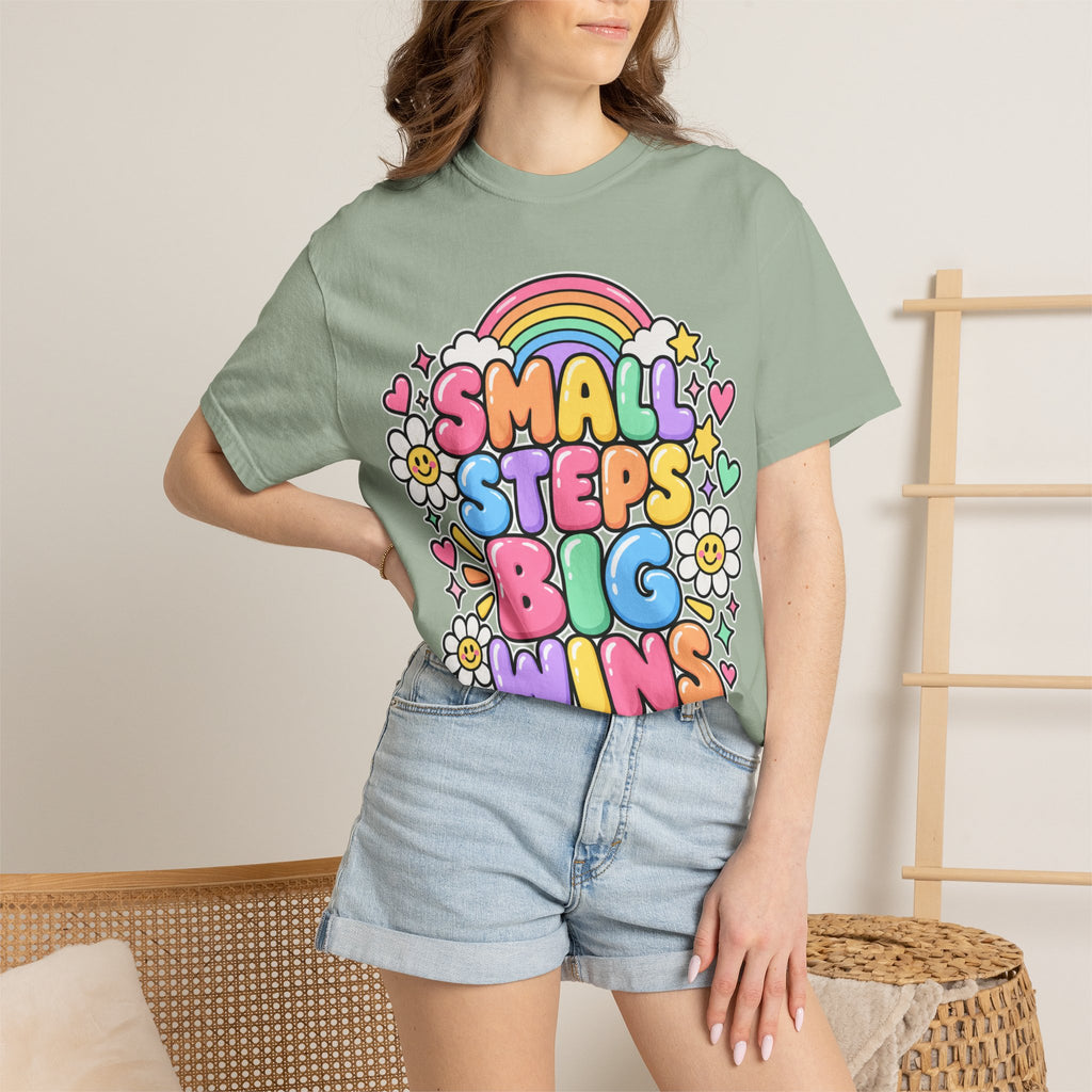 Small Steps Big Wins T-shirt | Retro Rainbow Positive Graphic