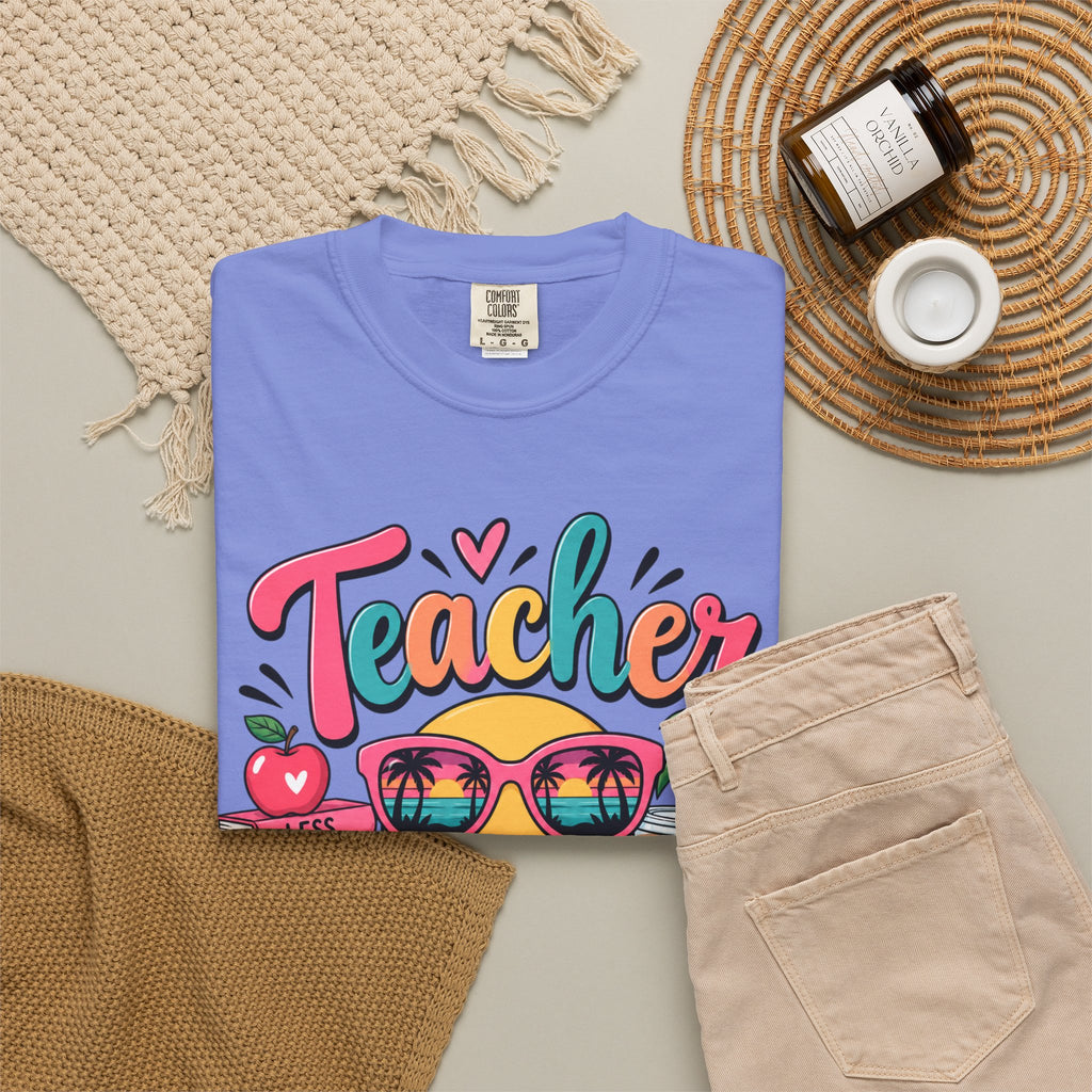 Teacher Off Duty T-shirt | Smiley Sunglasses, Books, Palm Trees, Coffee