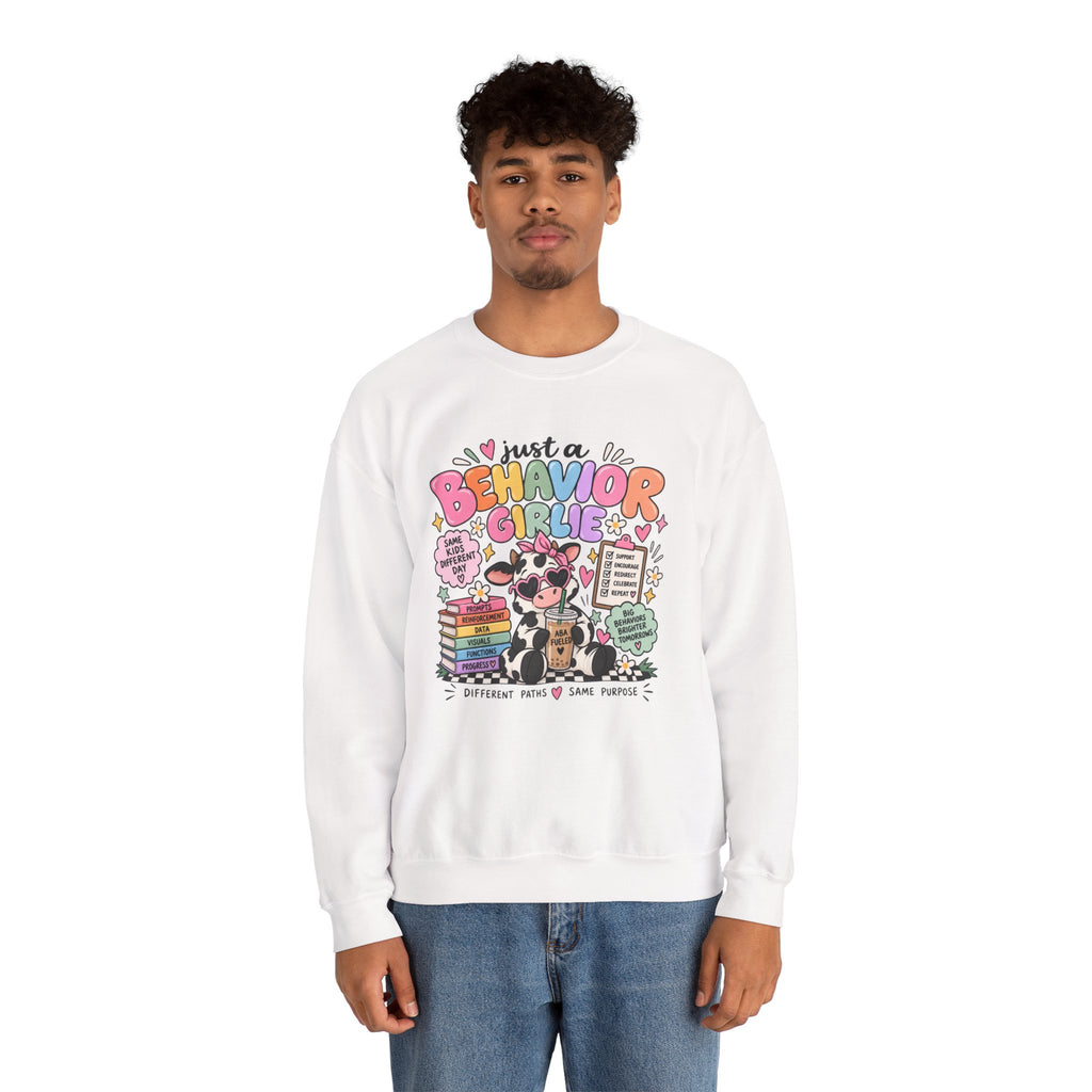 Just a Behavior Girl Crewneck Sweatshirt | Cute Cow Character, Books & Therapy Icons