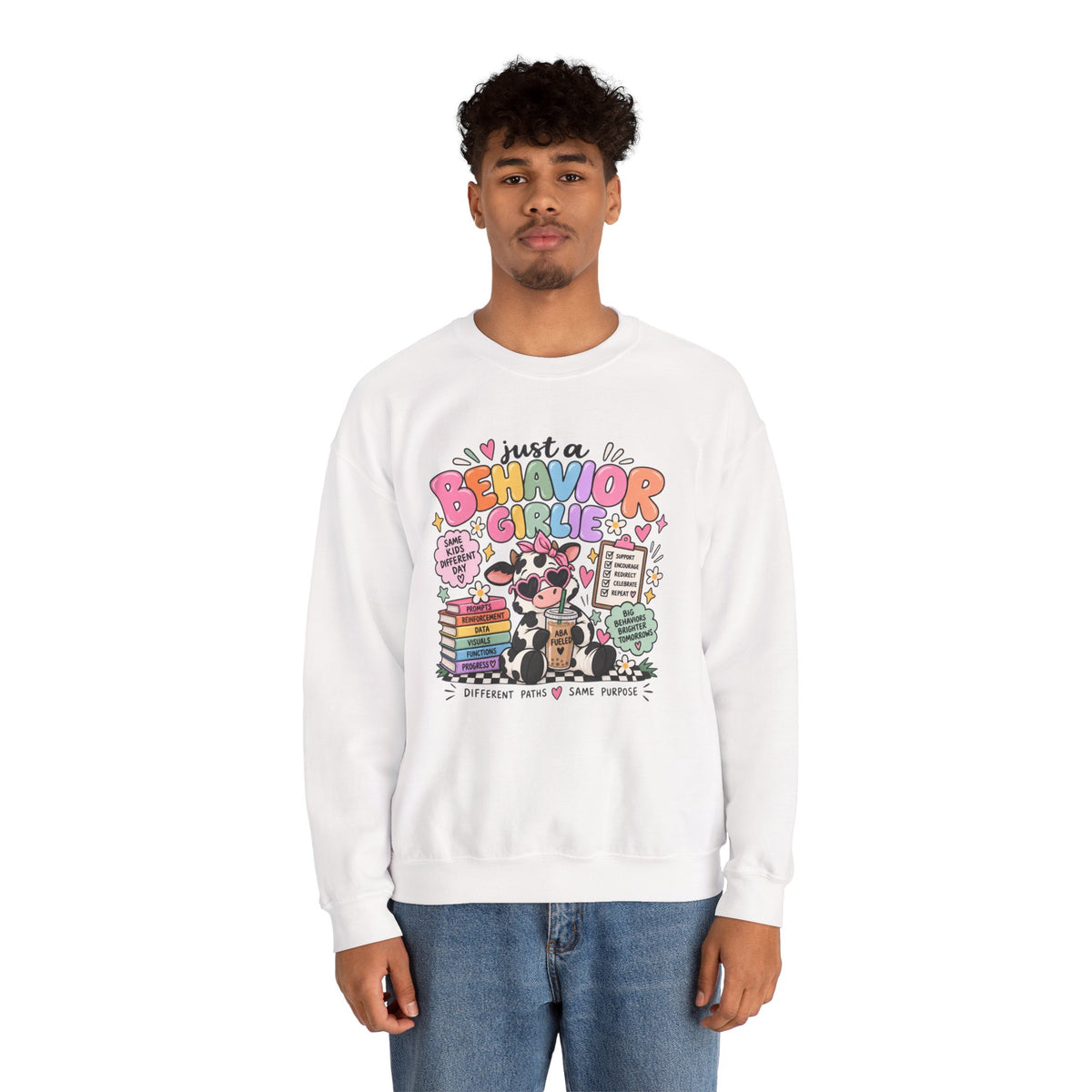 Just a Behavior Girl Crewneck Sweatshirt | Cute Cow Character, Books & Therapy Icons