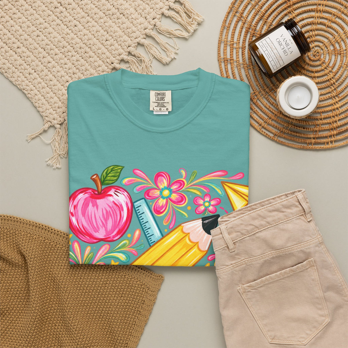 School Supplies Pencil Apple Floral T-shirt | Teacher Student Back to School