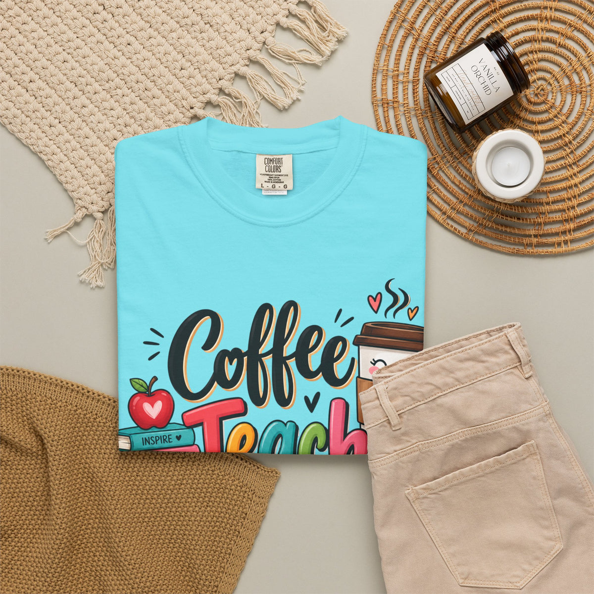 Coffee Teach Repeat T-shirt | Teacher Coffee Book Stack Pencil Mug Design