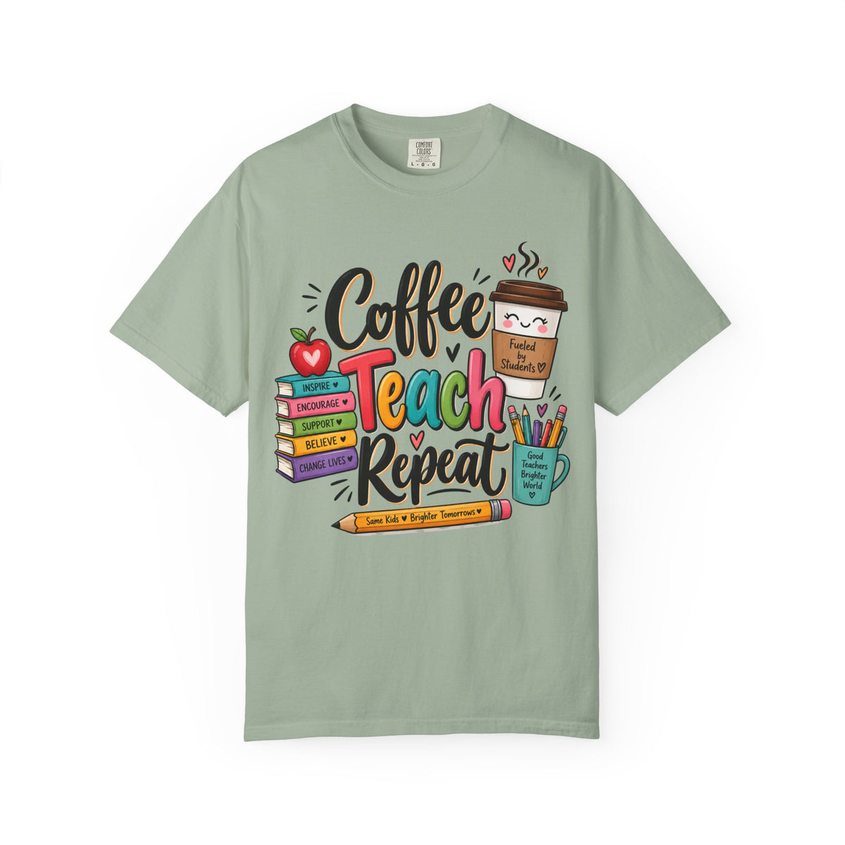 Coffee Teach Repeat T-shirt | Teacher Coffee Book Stack Pencil Mug Design