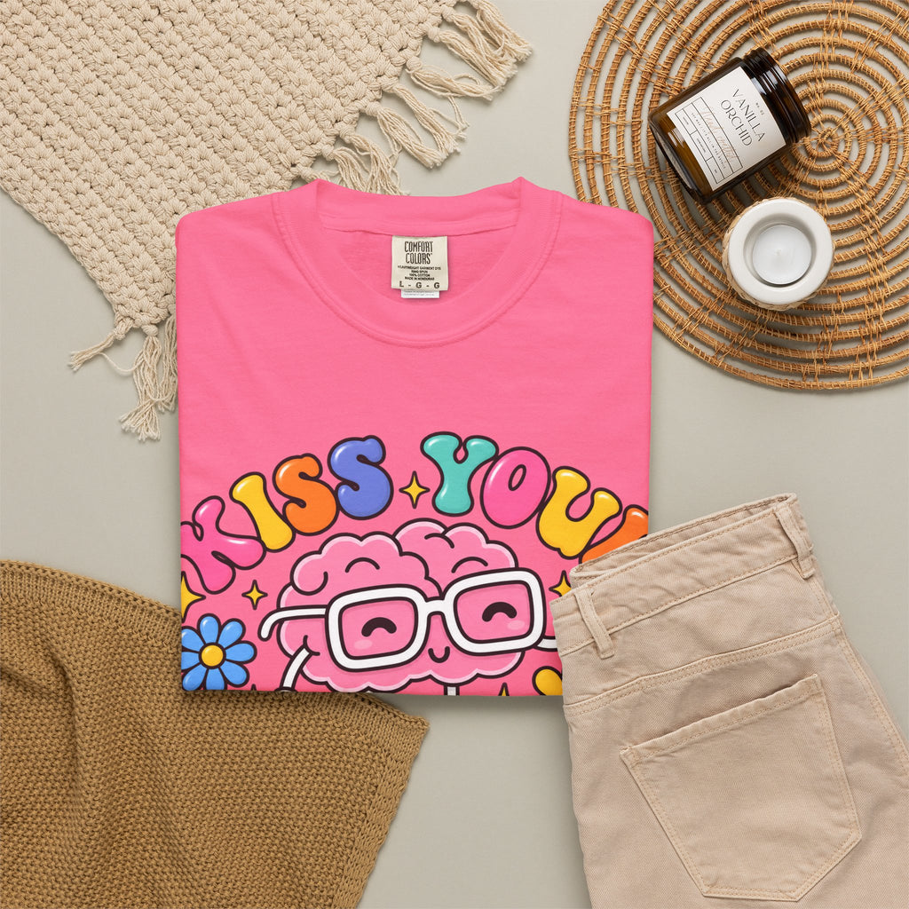 Kiss Your Brain BRI TEE | T-Shirt, Retro Cartoon Brain with Flowers