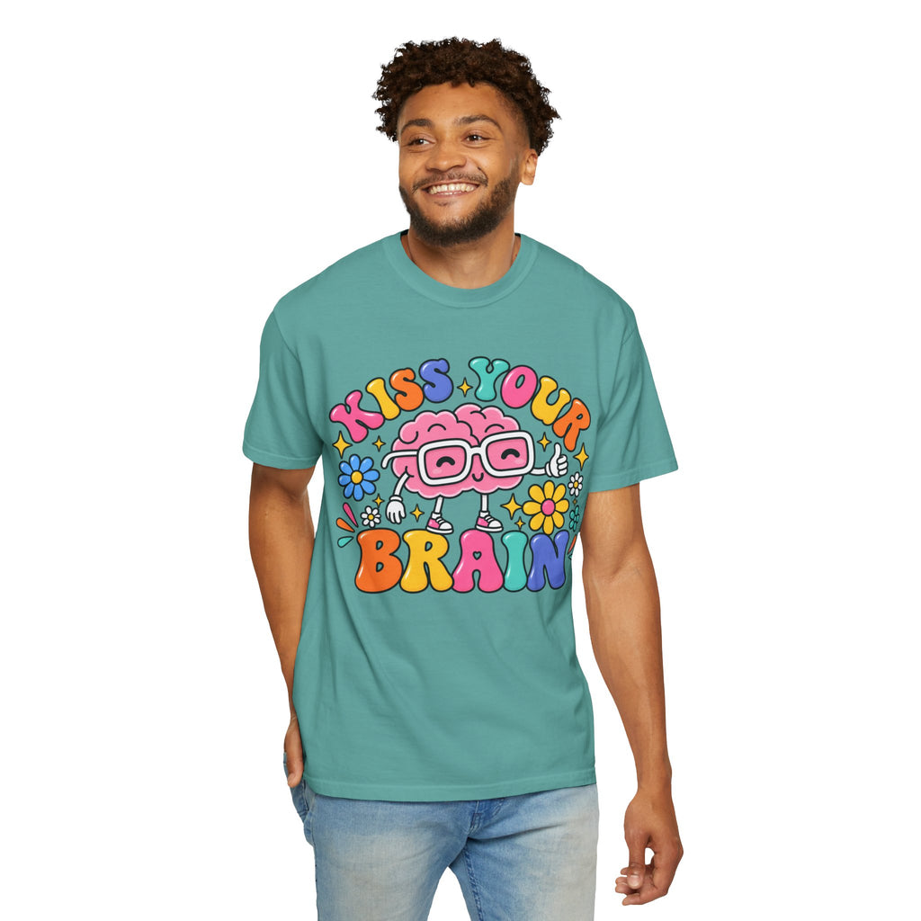 Kiss Your Brain BRI TEE | T-Shirt, Retro Cartoon Brain with Flowers