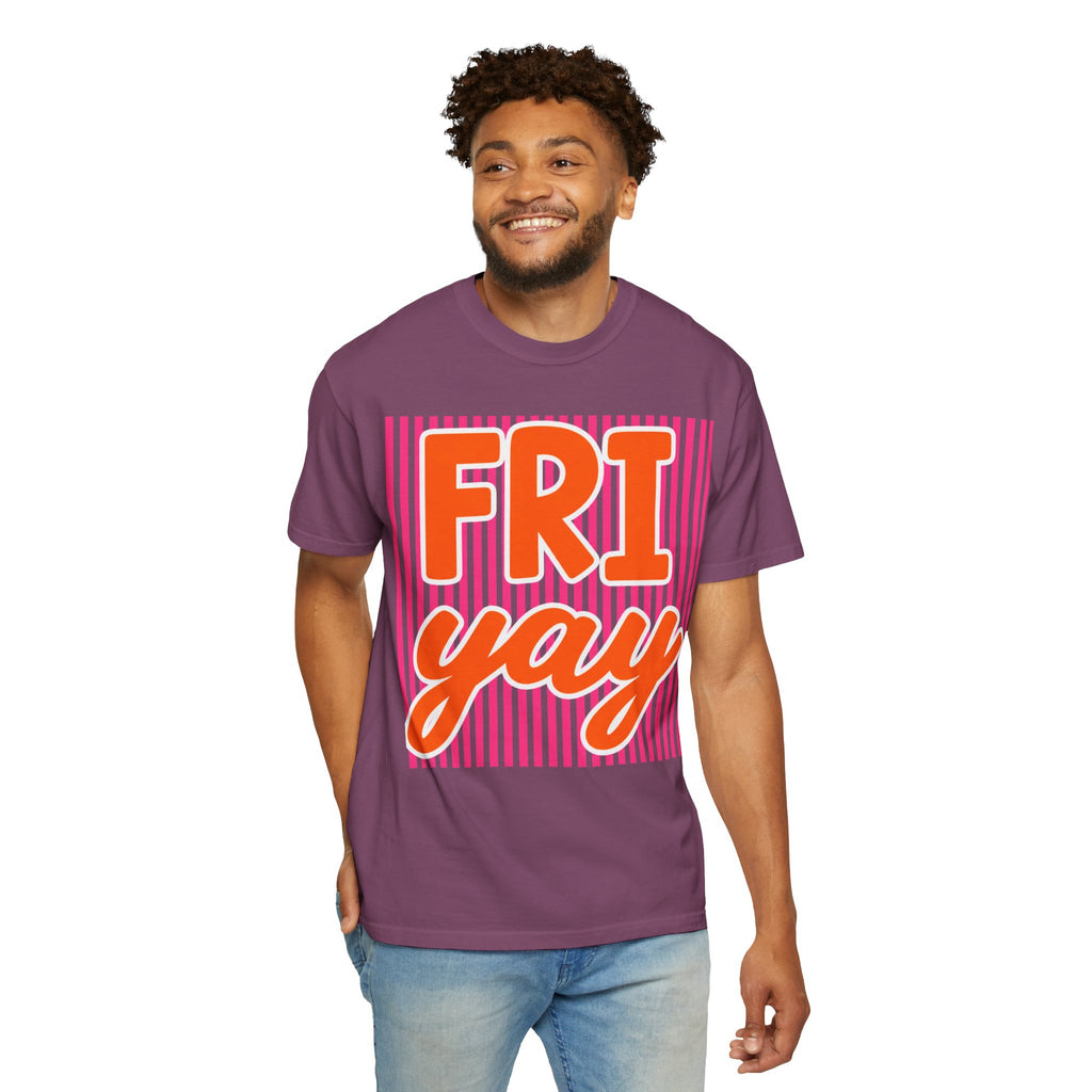 FRI yay T-shirt | Bright Retro Text, Pink Stripes