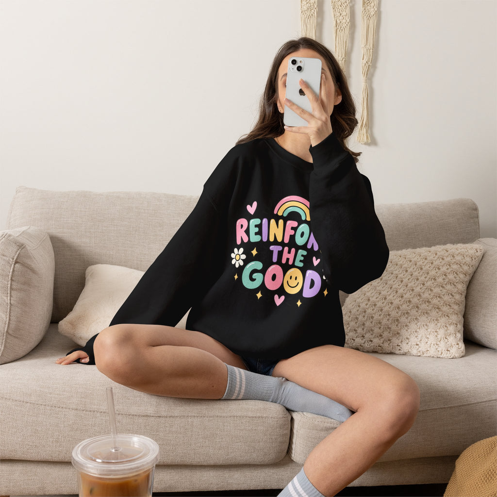 Reinforce the Good Crewneck | Rainbow Heart Daisy Positive Message Sweatshirt