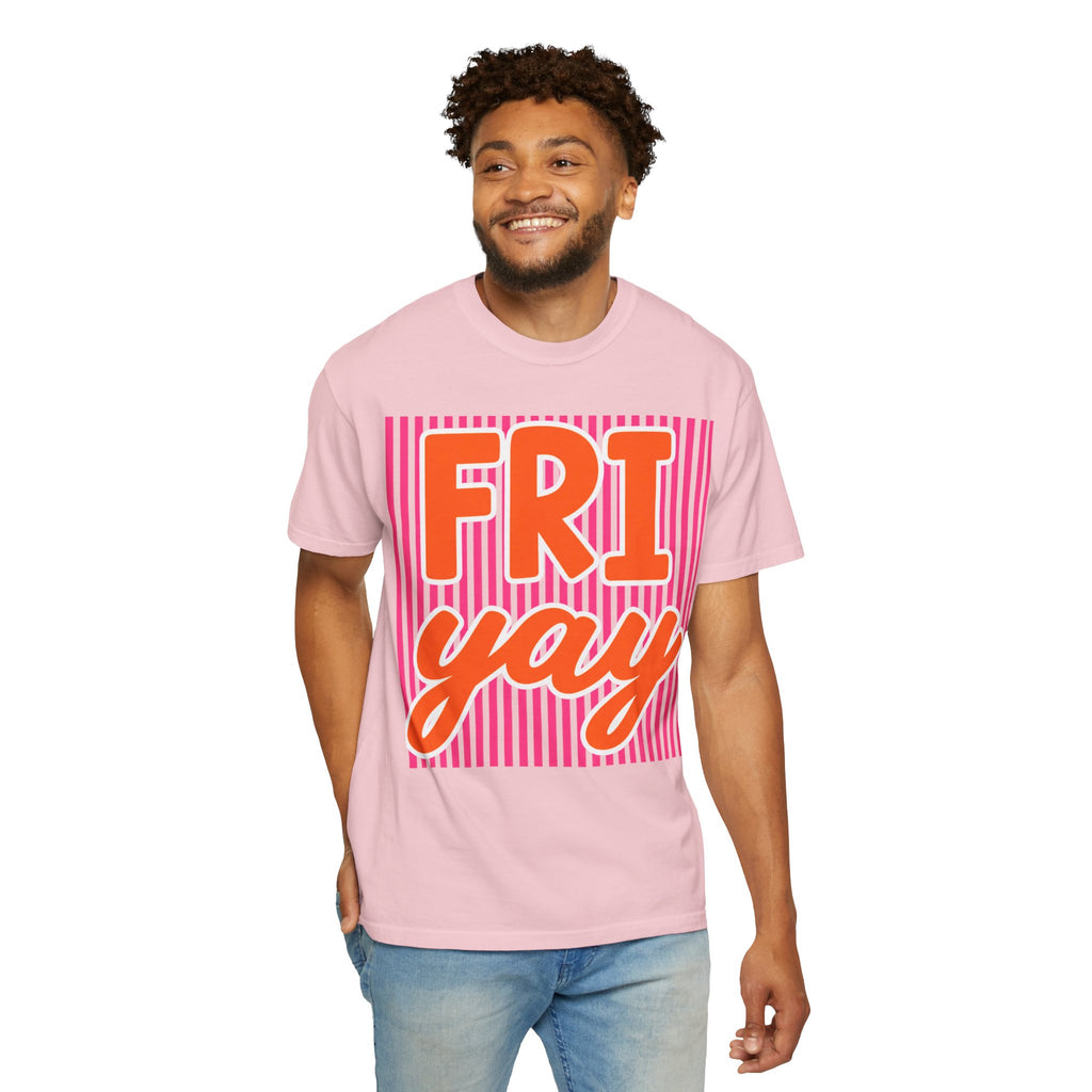 FRI yay T-shirt | Bright Retro Text, Pink Stripes
