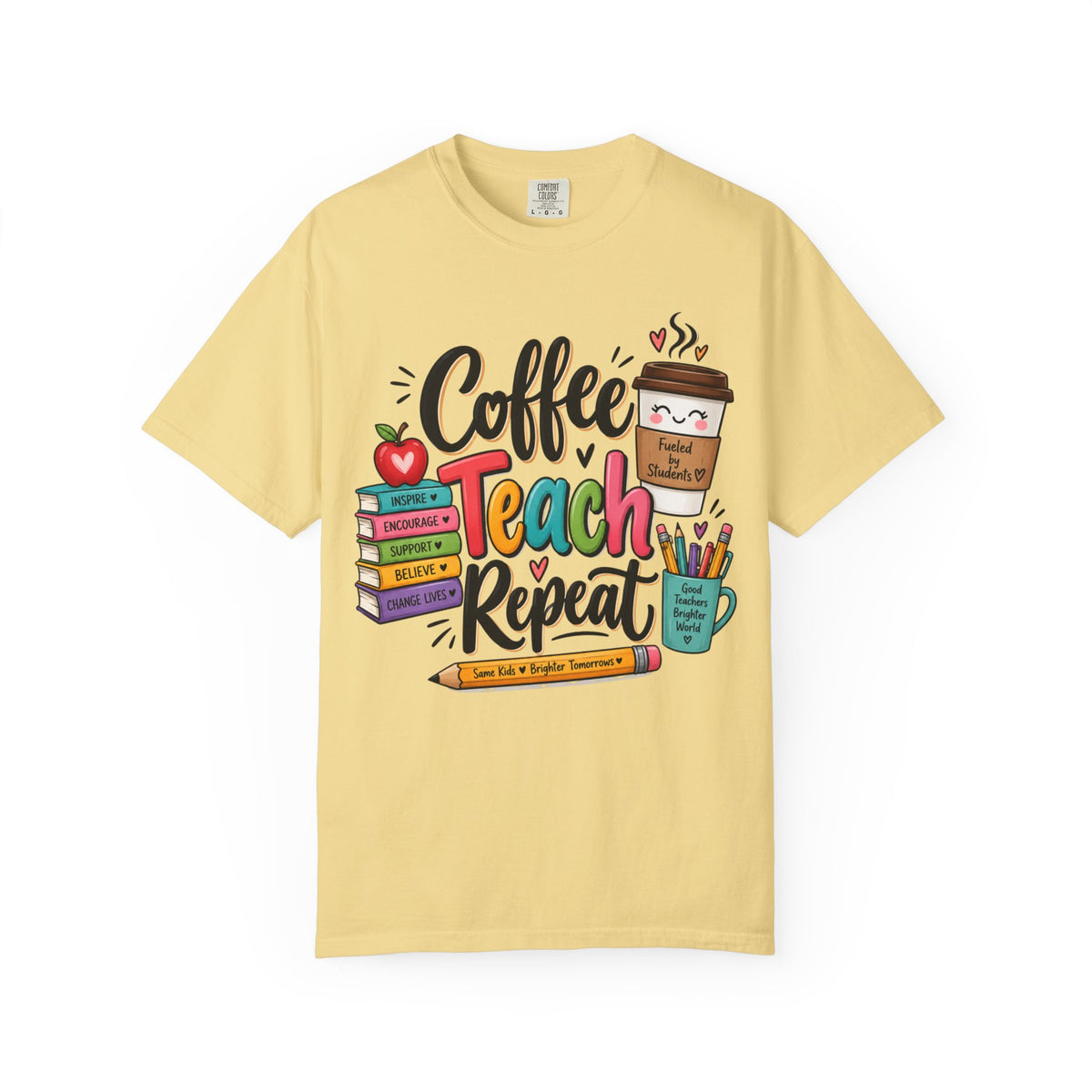 Coffee Teach Repeat T-shirt | Teacher Coffee Book Stack Pencil Mug Design