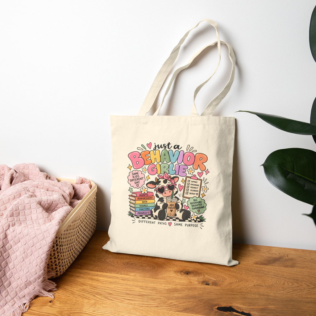 Just a Behavior Girl tote bag | Teacher cow illustration, books & clipboard