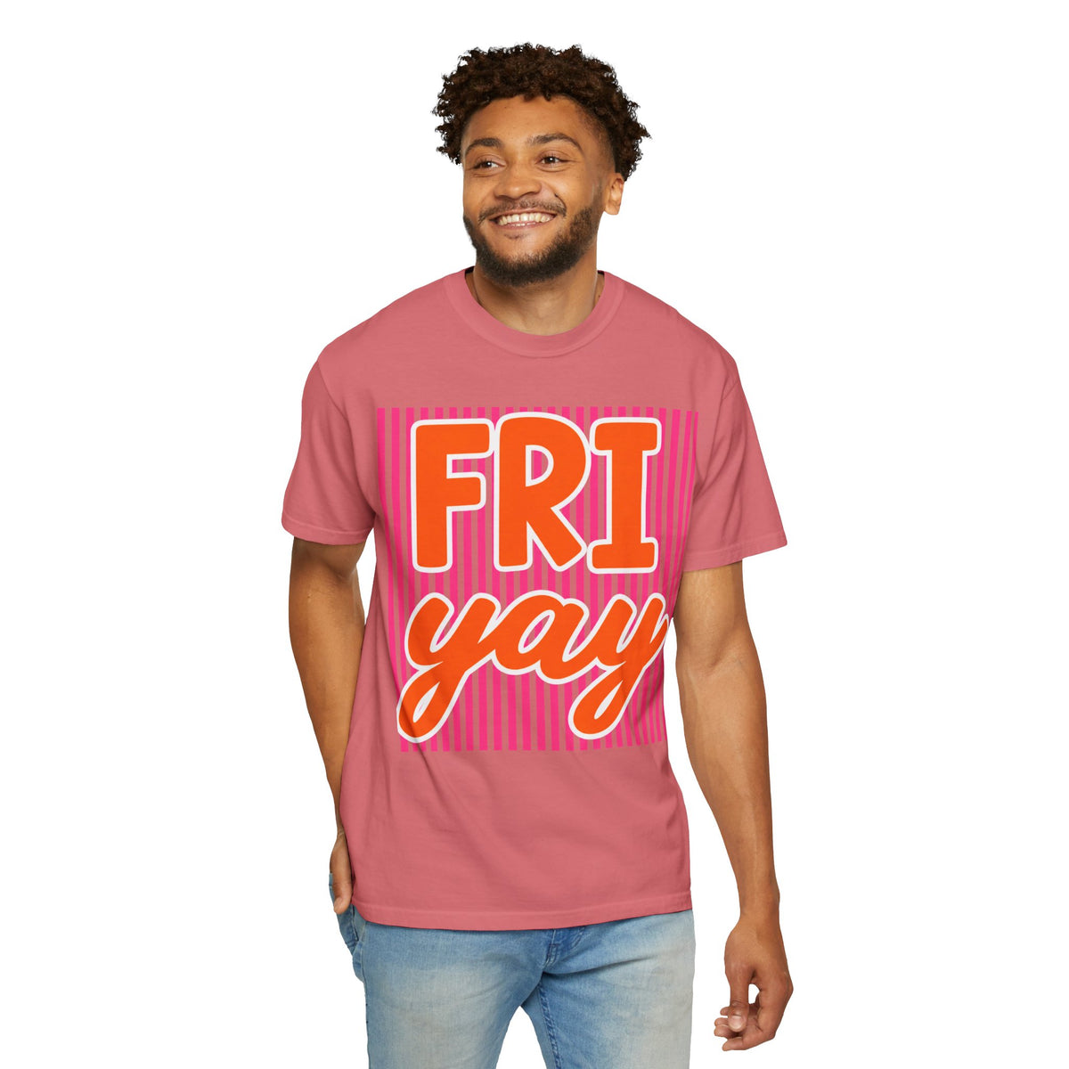 FRI yay T-shirt | Bright Retro Text, Pink Stripes
