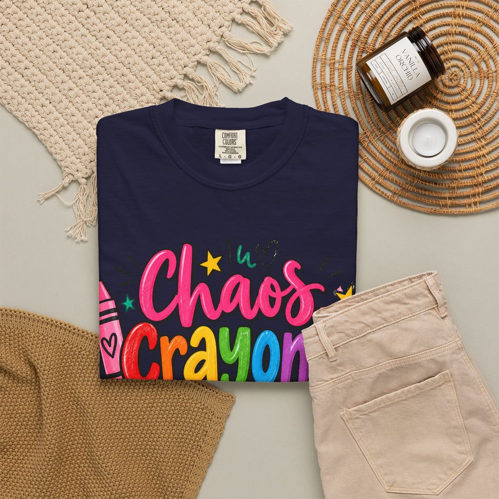 Chaos Crayons & Confidence T-shirt | Colorful Crayon School Art Tee
