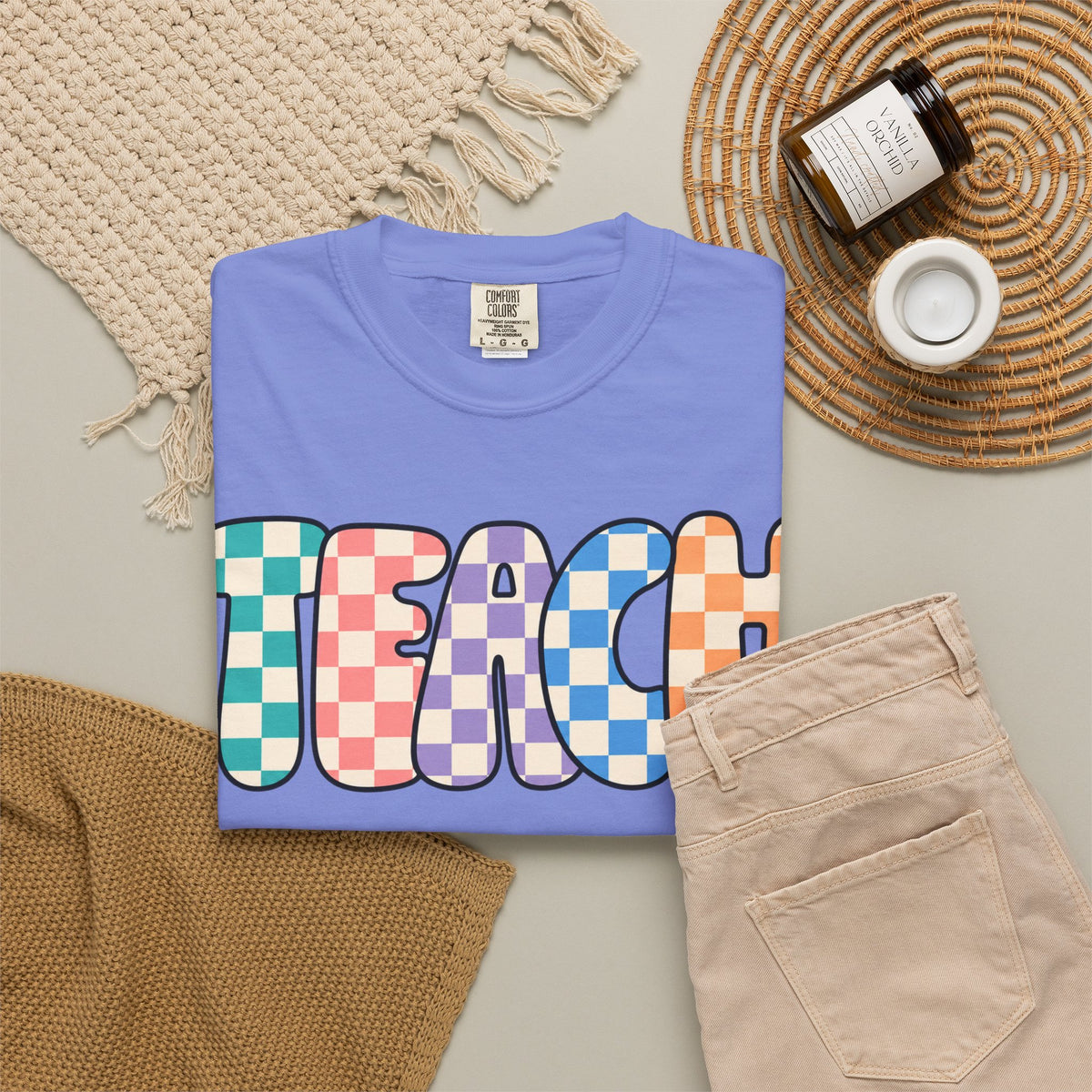 Teach Bubble Letters Checkerboard T-Shirt | Colorful Retro School Tee