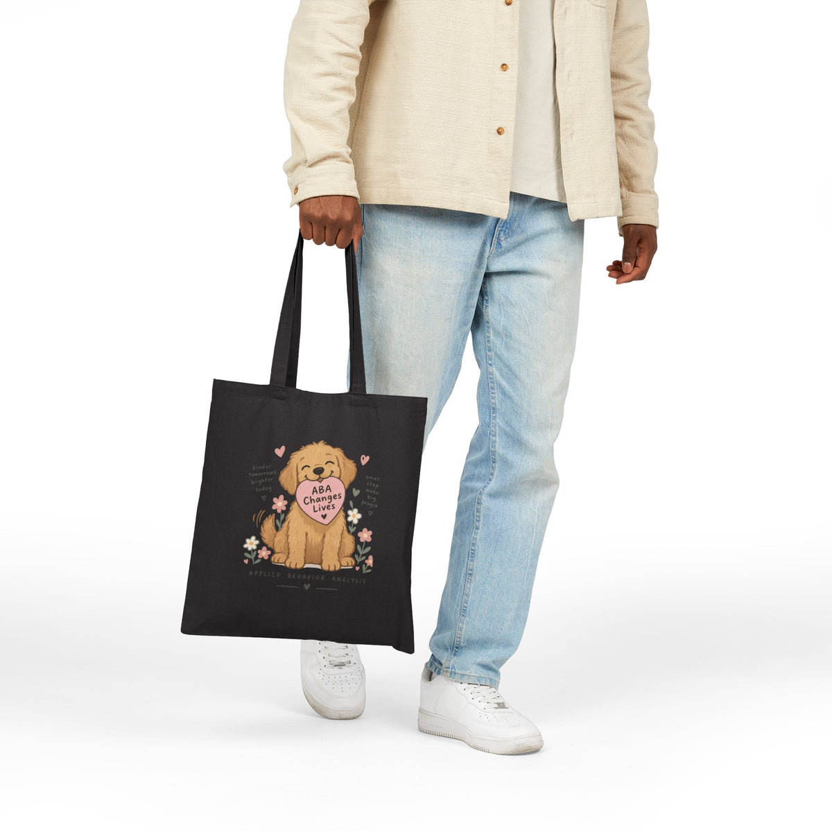 Golden Retriever Puppy Holding Heart tote bag | Cute Dog Illustration, Floral Accents