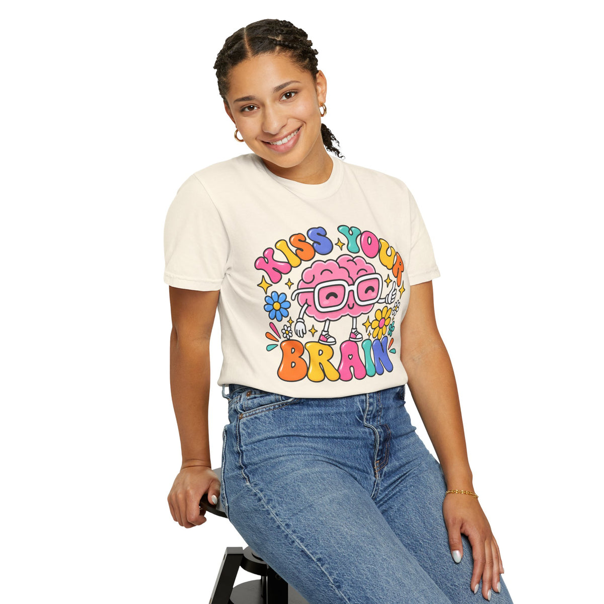 Kiss Your Brain BRI TEE | T-Shirt, Retro Cartoon Brain with Flowers