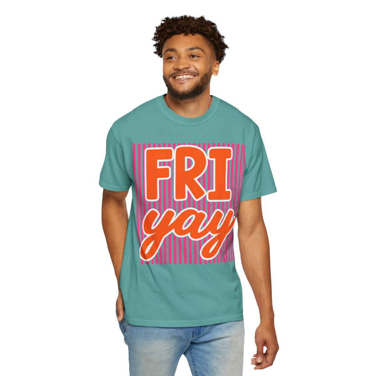 FRI yay T-shirt | Bright Retro Text, Pink Stripes