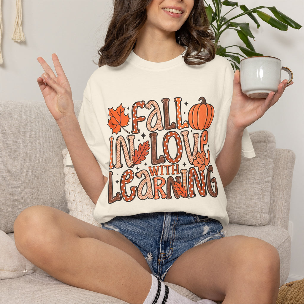 Fall in Love with Learning T-Shirt | Teacher Autumn Pumpkin Leaves