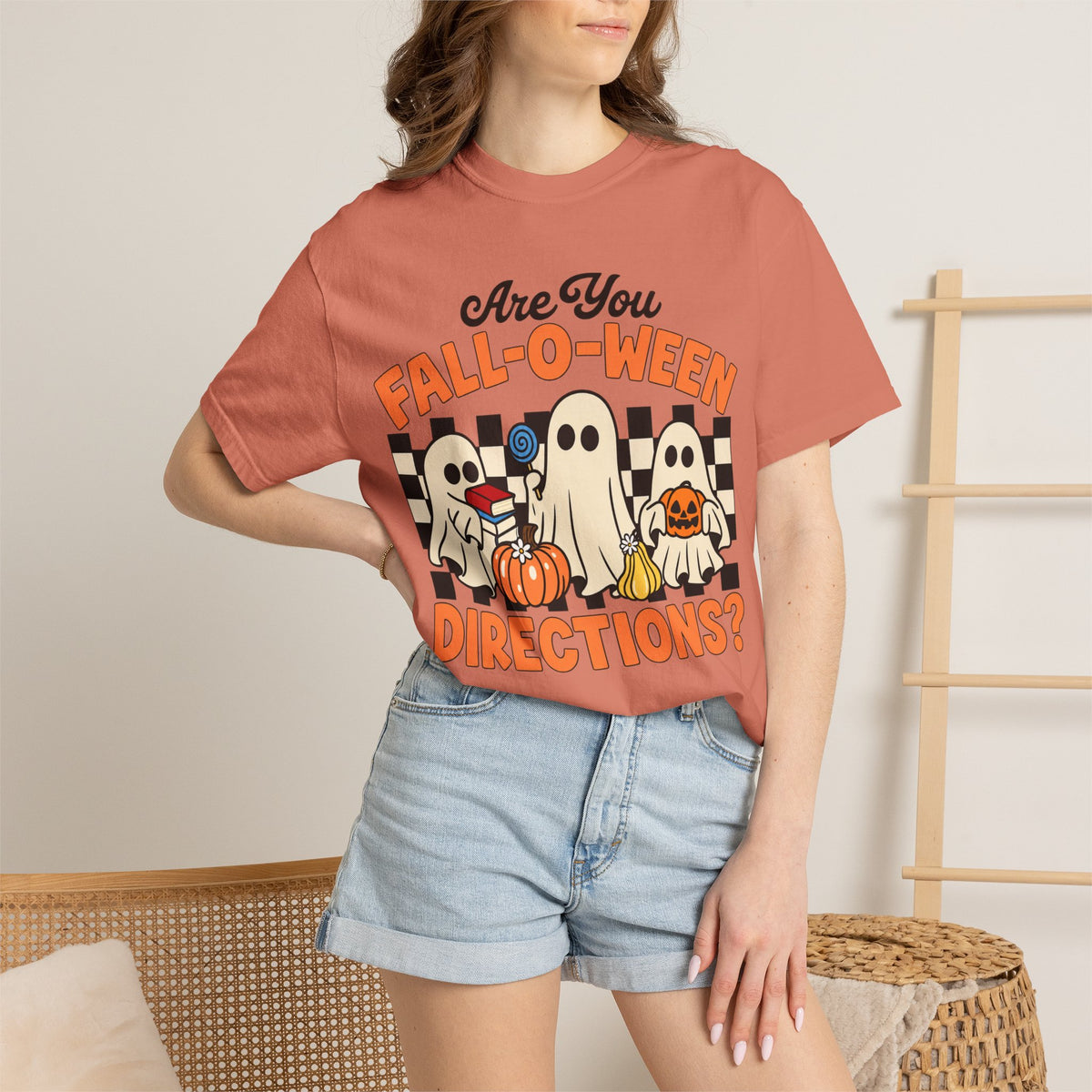Fall-o-ween Ghosts Directions? T-shirt | Halloween pumpkin retro graphic
