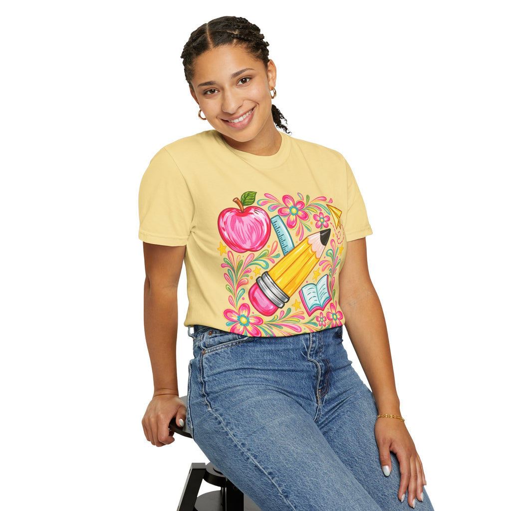 School Supplies Pencil Apple Floral T-shirt | Teacher Student Back to School