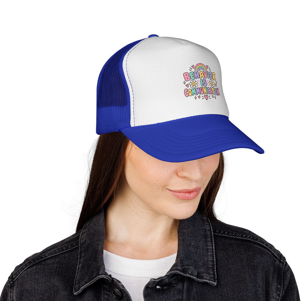Behavior Is Communication Trucker Cap | Rainbow Floral Illustration