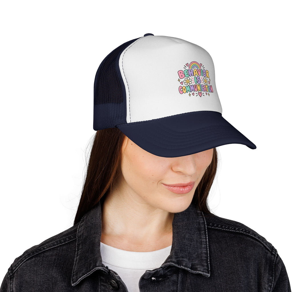 Behavior Is Communication Trucker Cap | Rainbow Floral Illustration