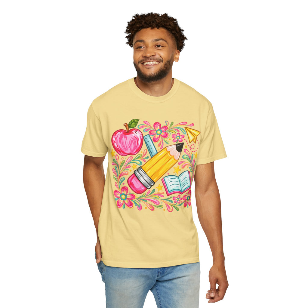 School Supplies Pencil Apple Floral T-shirt | Teacher Student Back to School