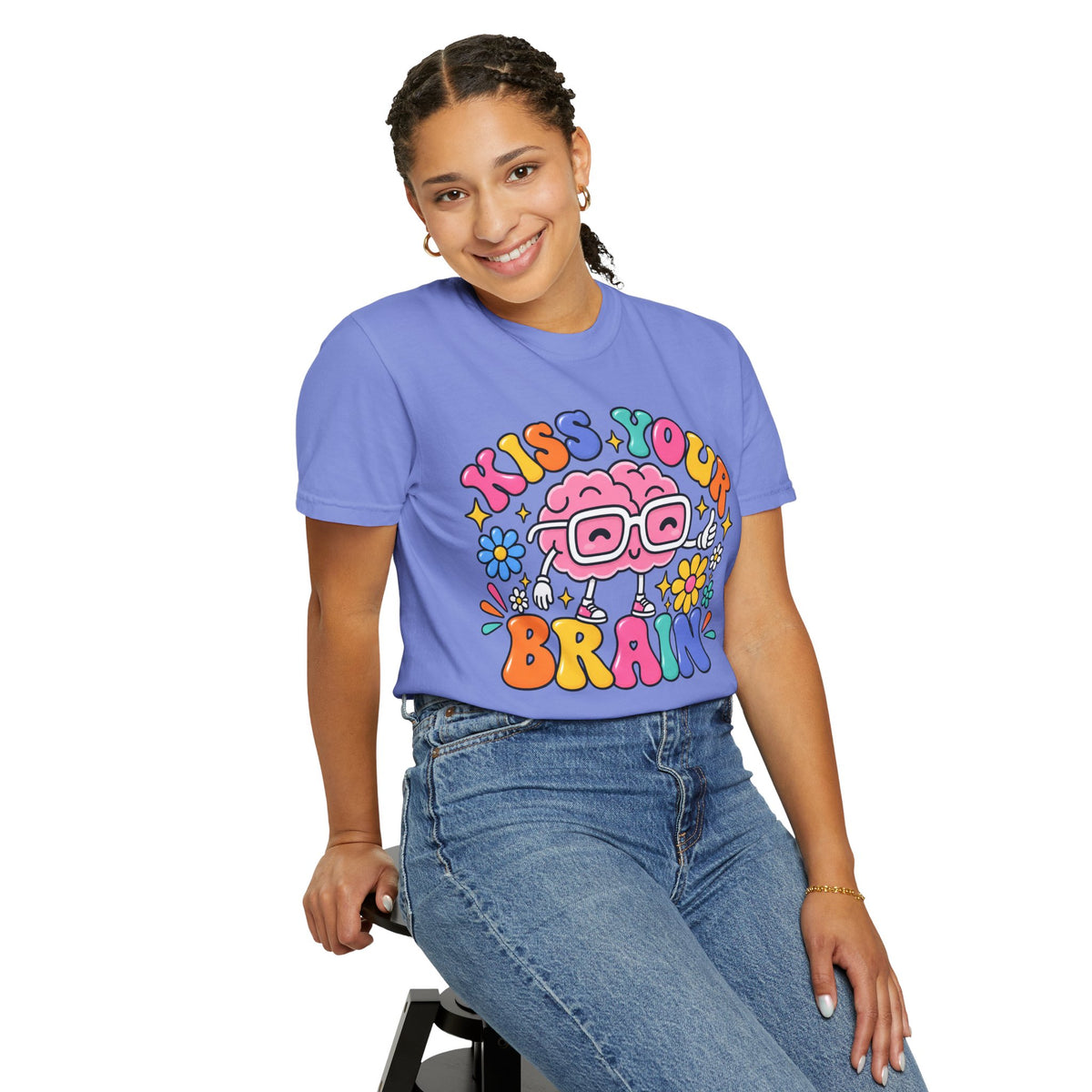 Kiss Your Brain BRI TEE | T-Shirt, Retro Cartoon Brain with Flowers