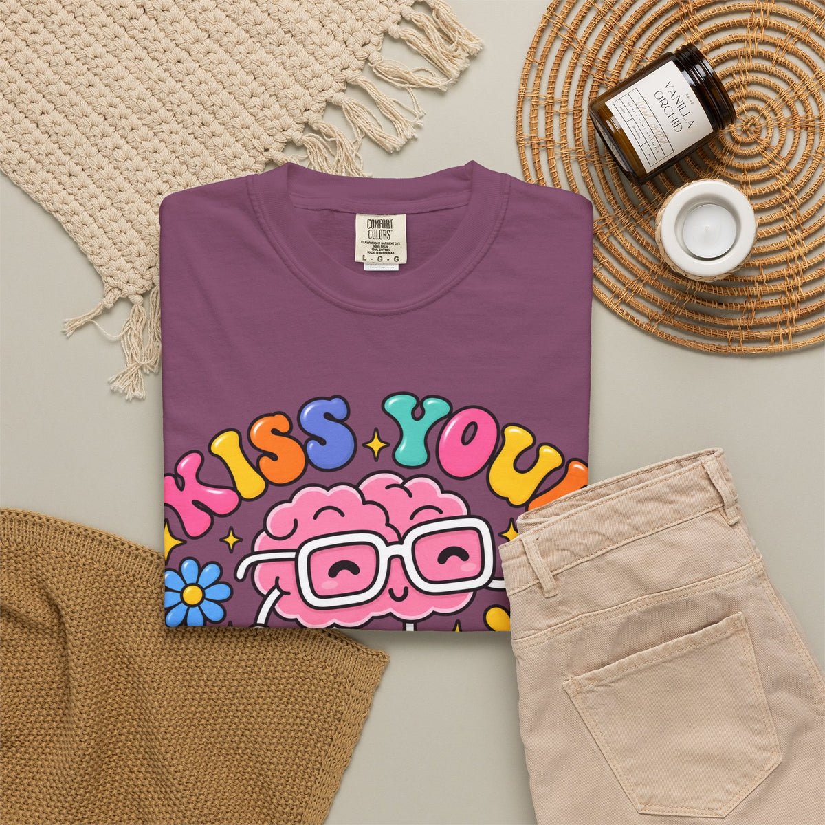 Kiss Your Brain BRI TEE | T-Shirt, Retro Cartoon Brain with Flowers