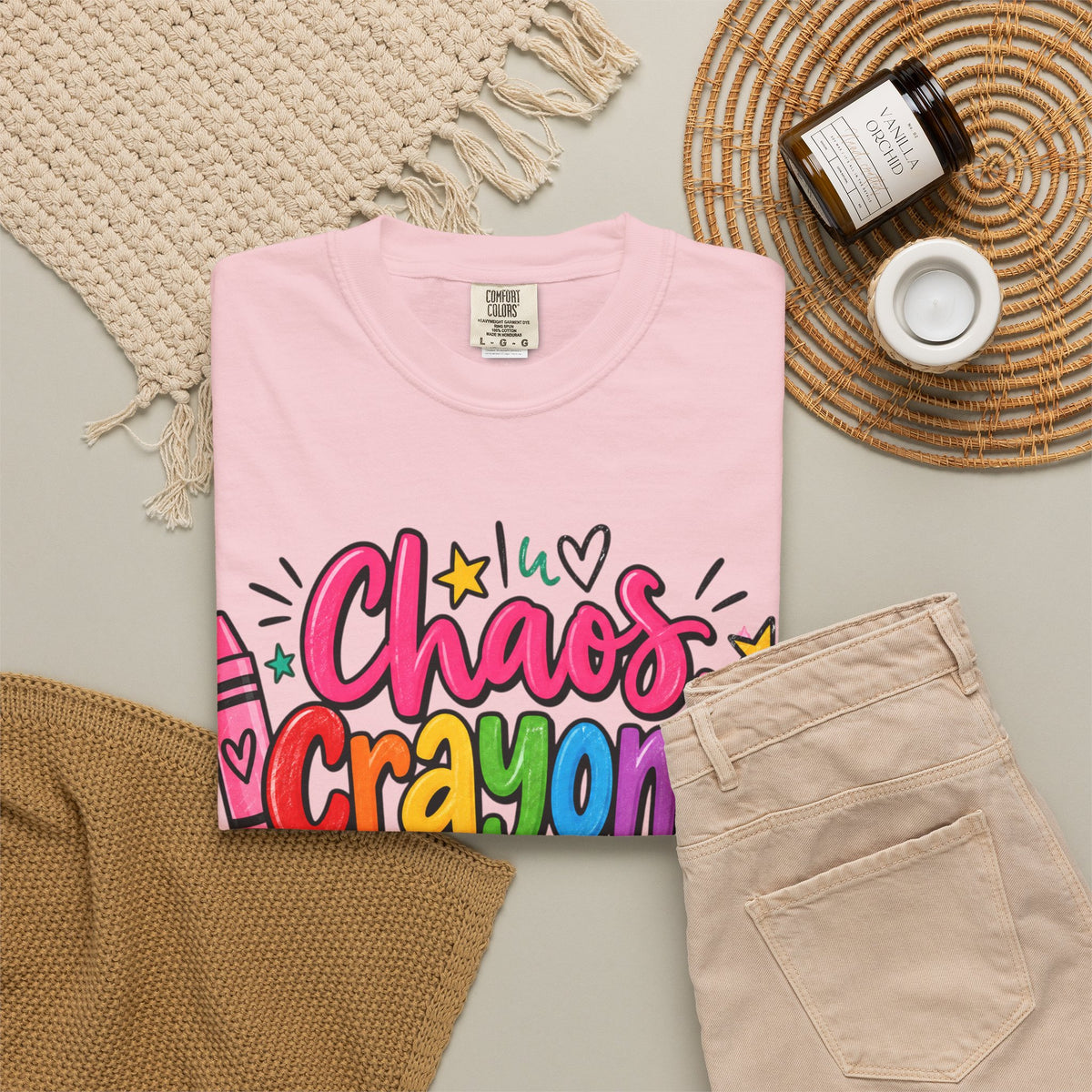 Chaos Crayons & Confidence T-shirt | Colorful Crayon School Art Tee