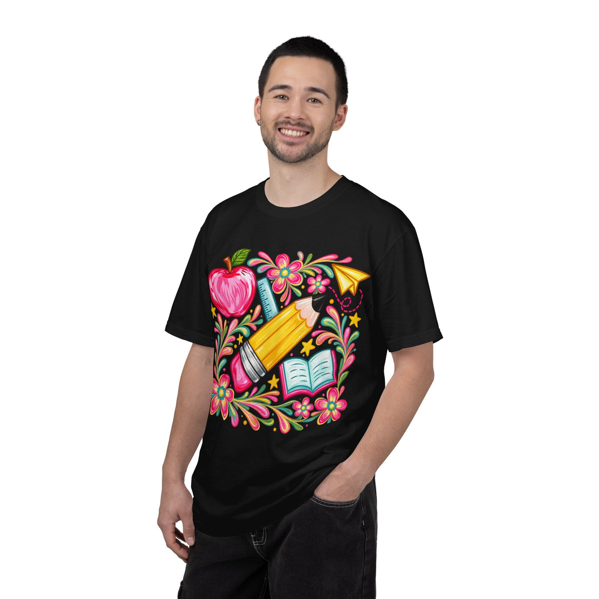School Supplies Pencil Apple Floral T-shirt | Teacher Student Back to School